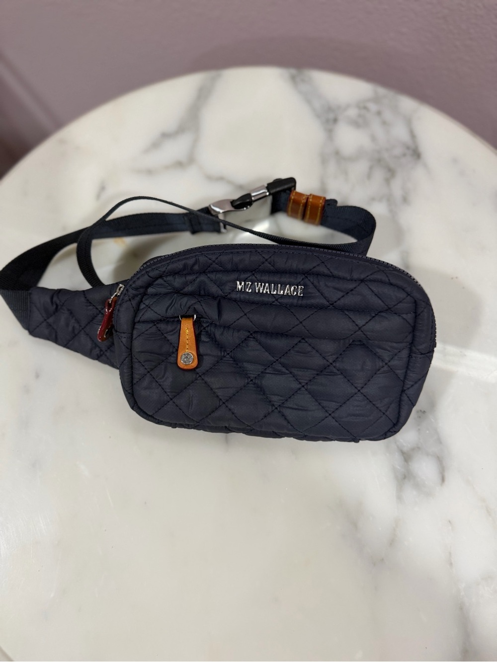 MZ Wallace Metro Belt Bag - Quilted Navy Crossbody Belt Bag with Brown Trim